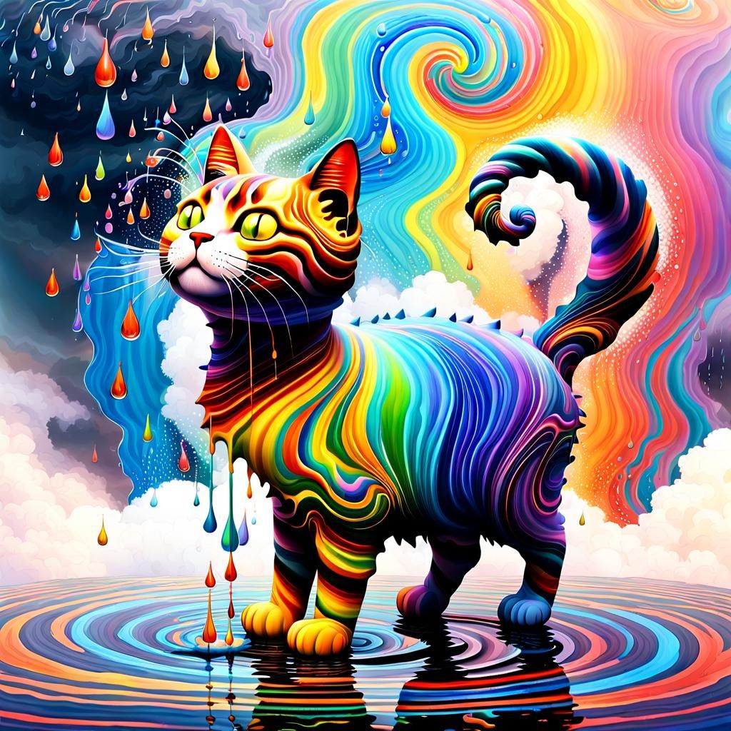 Surreal Striped Cat Fountain in a Colorful Lake