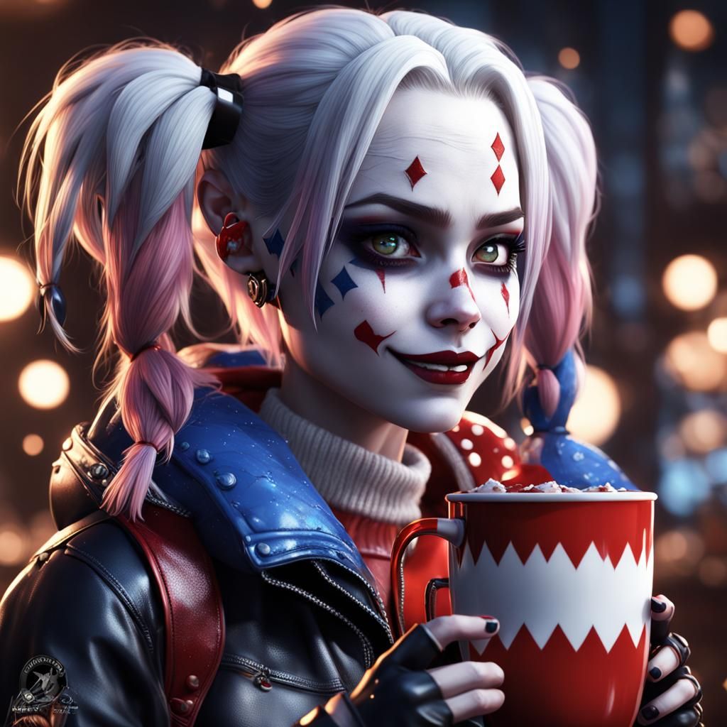 Harley Quinn Drinks Hot Chocolate: Anime Art