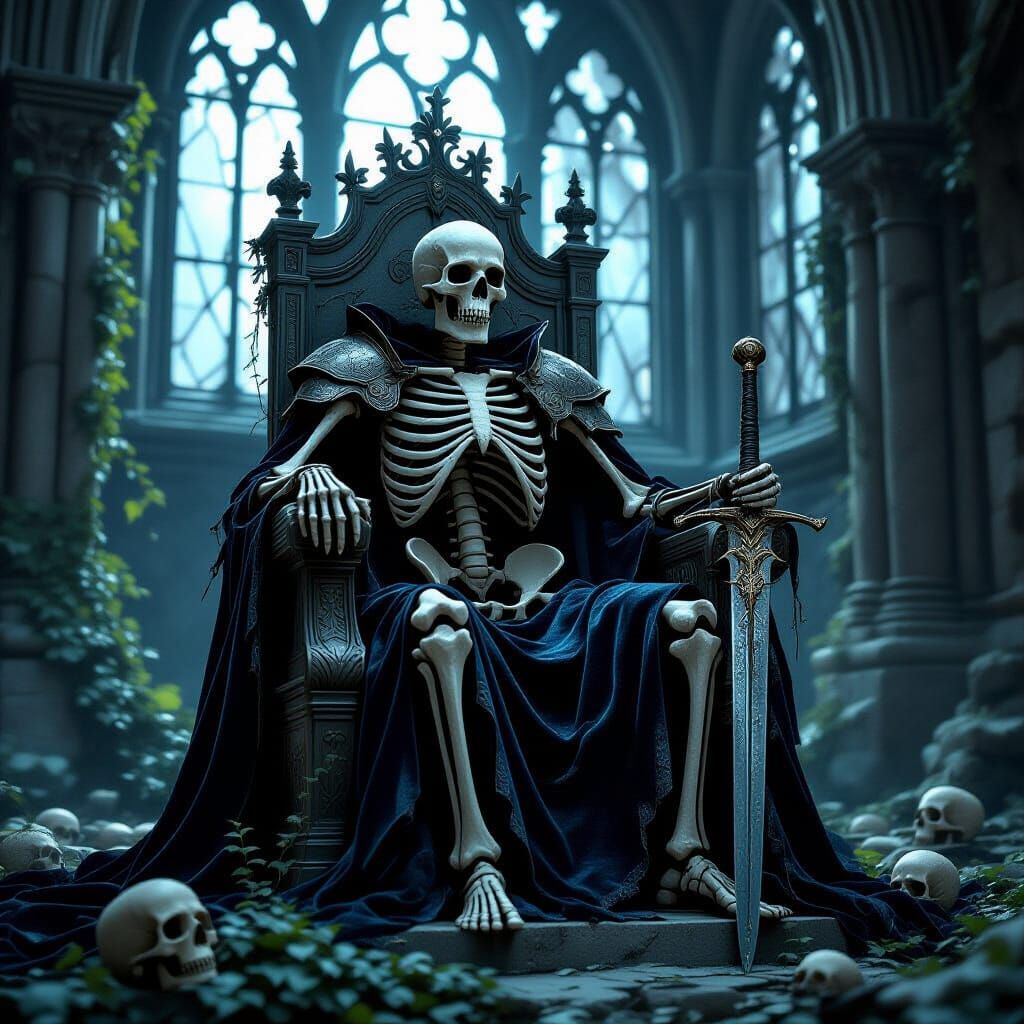 Skeleton King on Gothic Throne in Moonlight