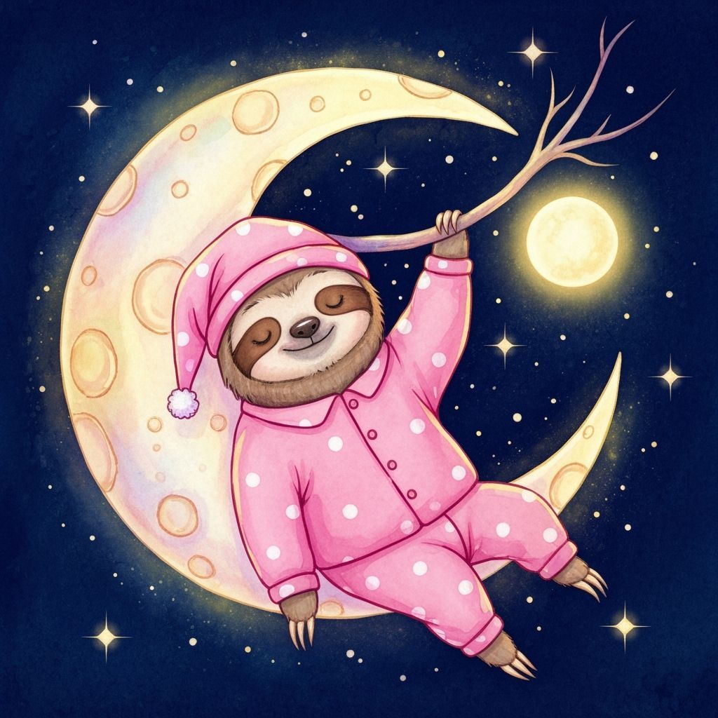 Sleepy Sloth on Moon in Whimsical Watercolor Style