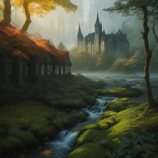 Fantasy Castle Ruins in Autumn Landscape, Makoto Shinkai Sty...