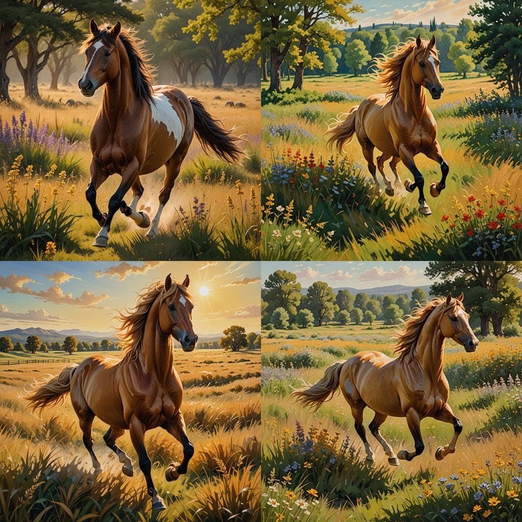 Golden Horse Gallops Across a Serene Meadow in Vibrant Oil P...