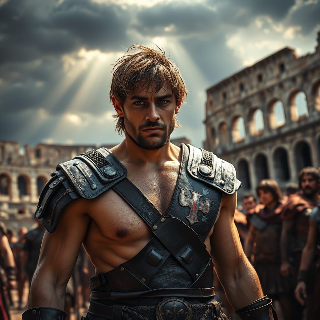 Fierce Gladiator in Colosseum, Hyperrealistic HDR Photograph