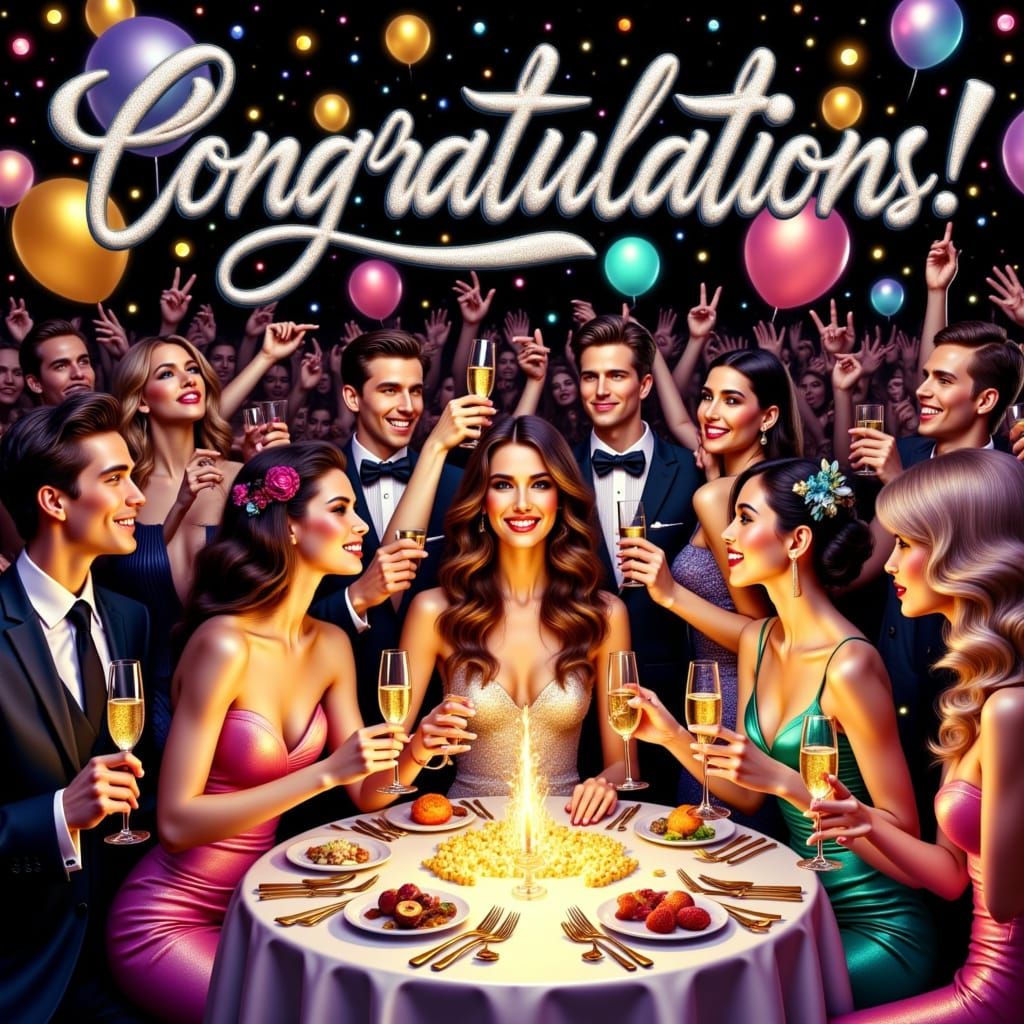 A large group of party guests stand behind a table at a party cheering with crystal glasses of sparkling drink. Enchanti...