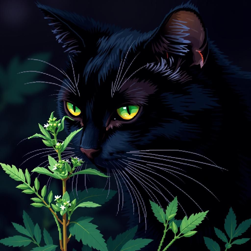 Black Cat Sniffing Catnip in Cubist Pixel-Art