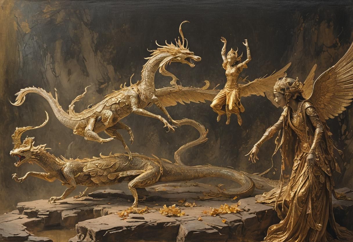 Winged Creature Confronts Humans in Golden Light