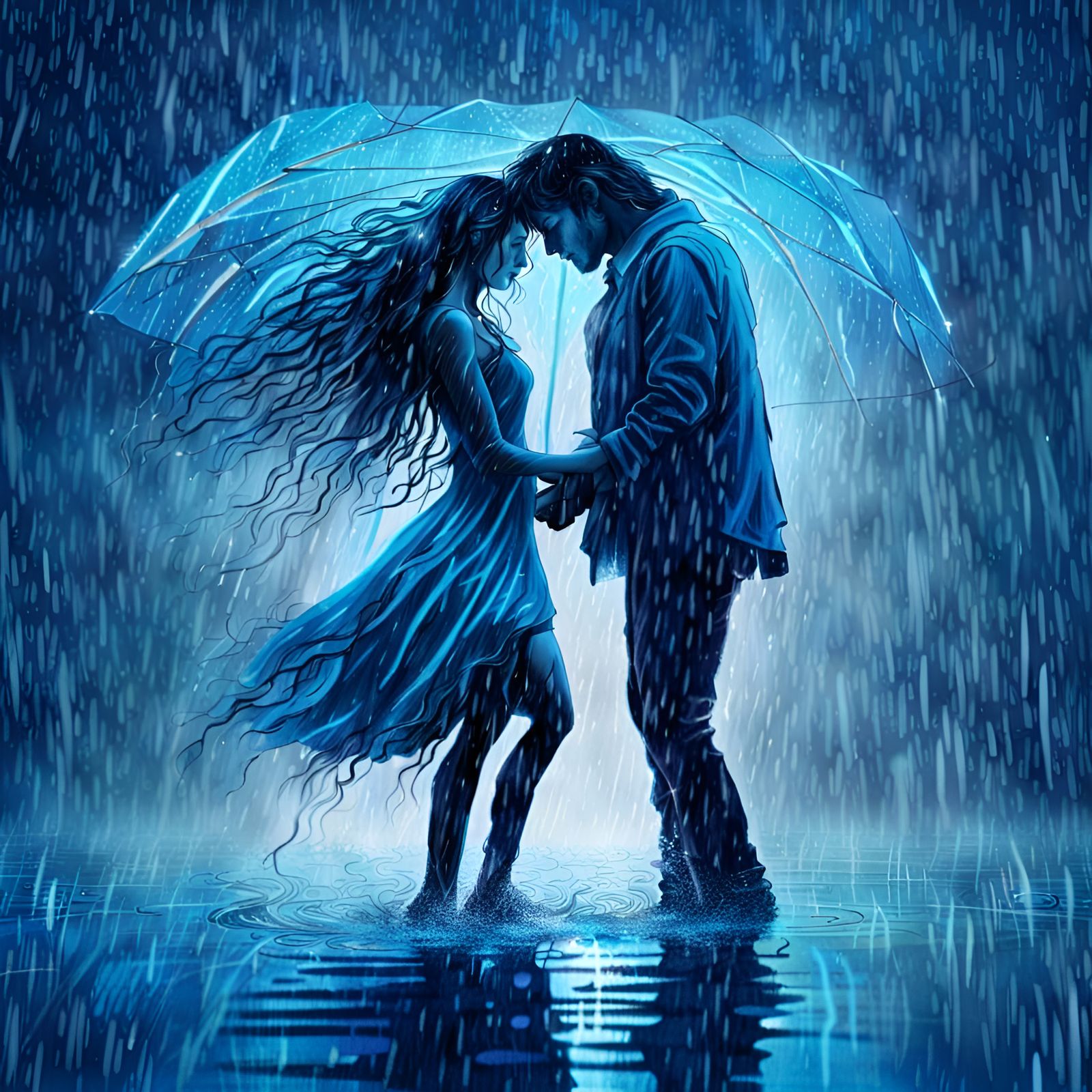 Romantic Couple Dancing in Rain: Fantasy Art