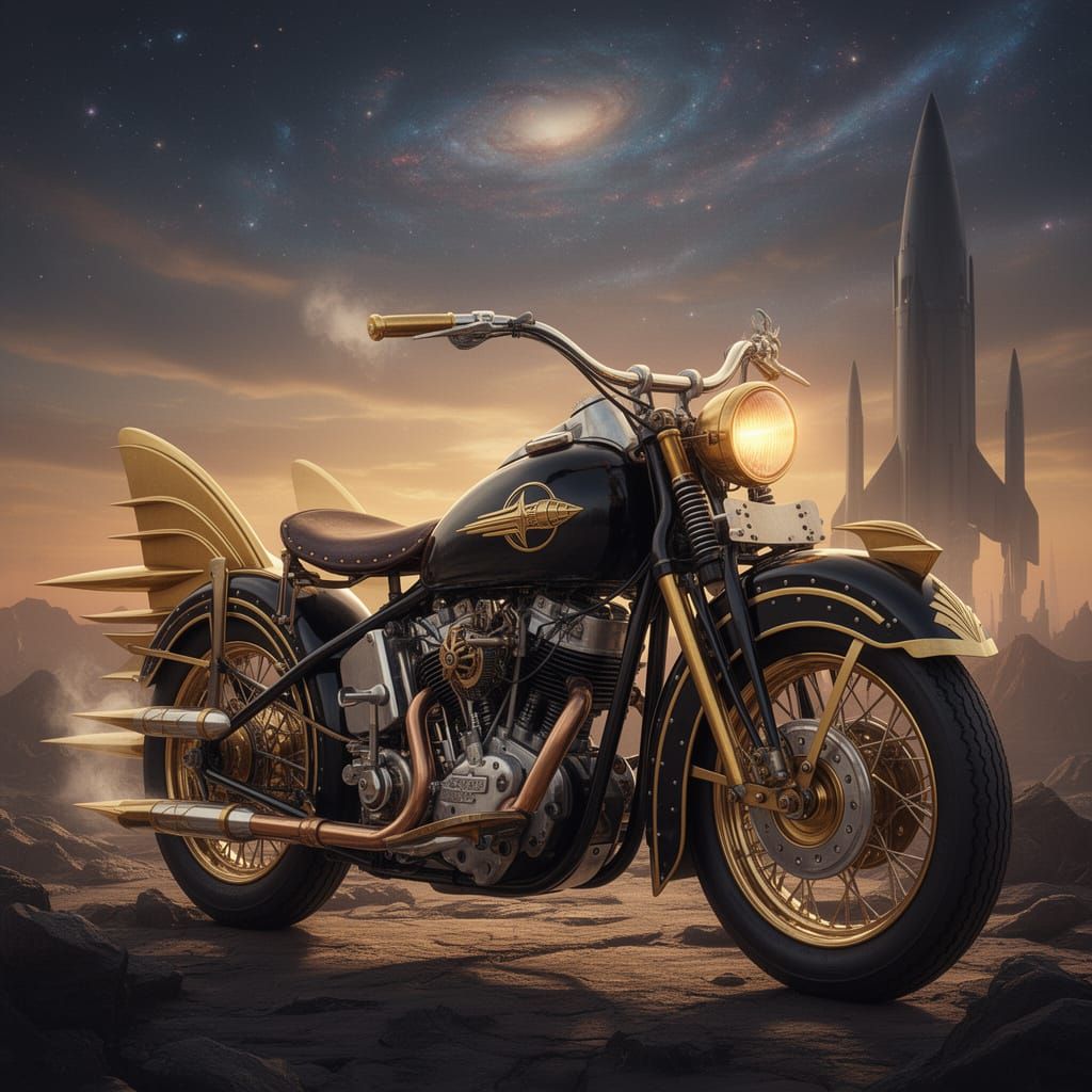 Retro-Futuristic Harley Davidson Rocket Bike in Art Deco Sty...