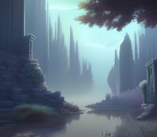Cyan Fog Envelops Ancient Ruins: Matte Painting