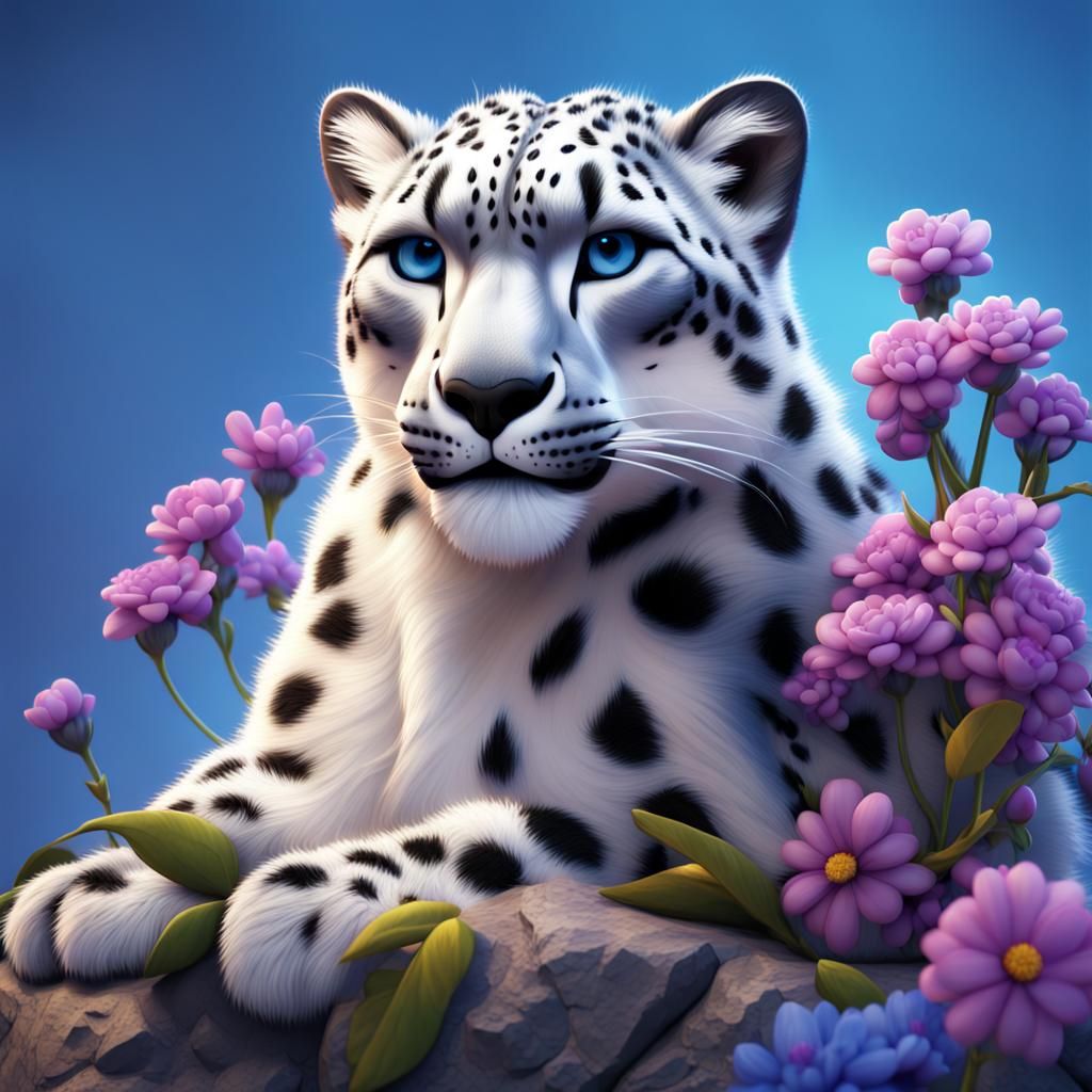 Snow Leopard with Blue Flowers in 3D Style