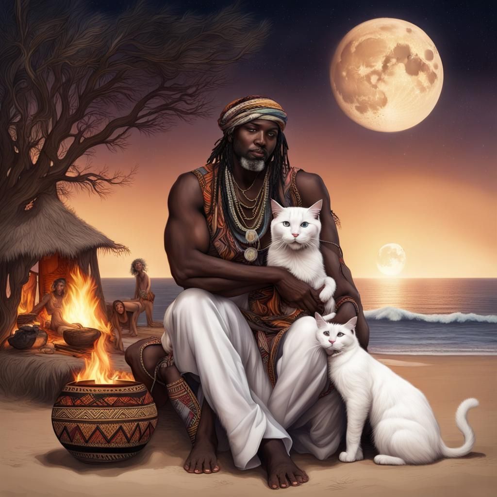 Gypsy Woman and Tribal Man Embrace by Beach Fire