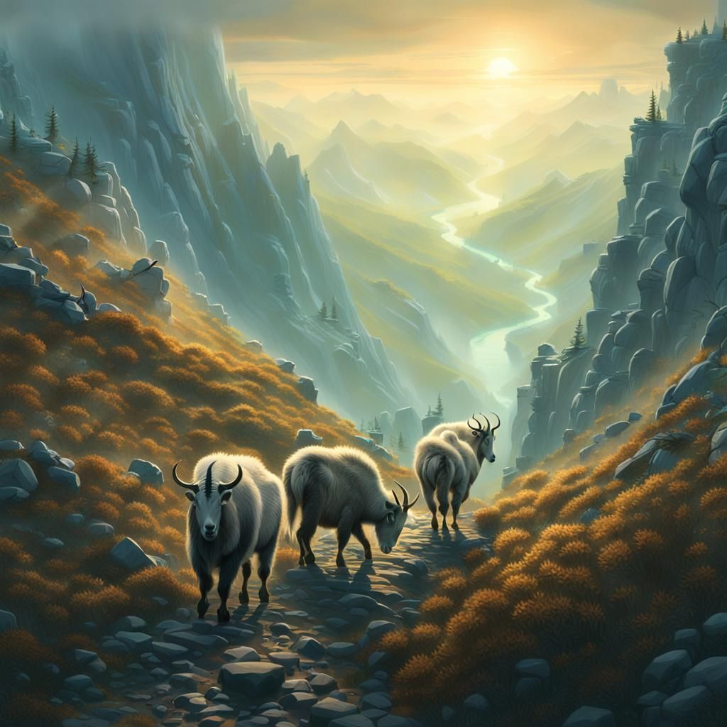 Mountain Goats on Misty Trail: Fantasy Matte Painting