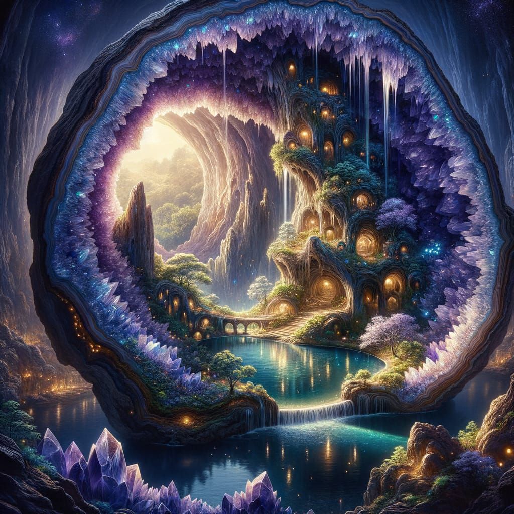 Bioluminescent Oasis Inside Amethyst Geode