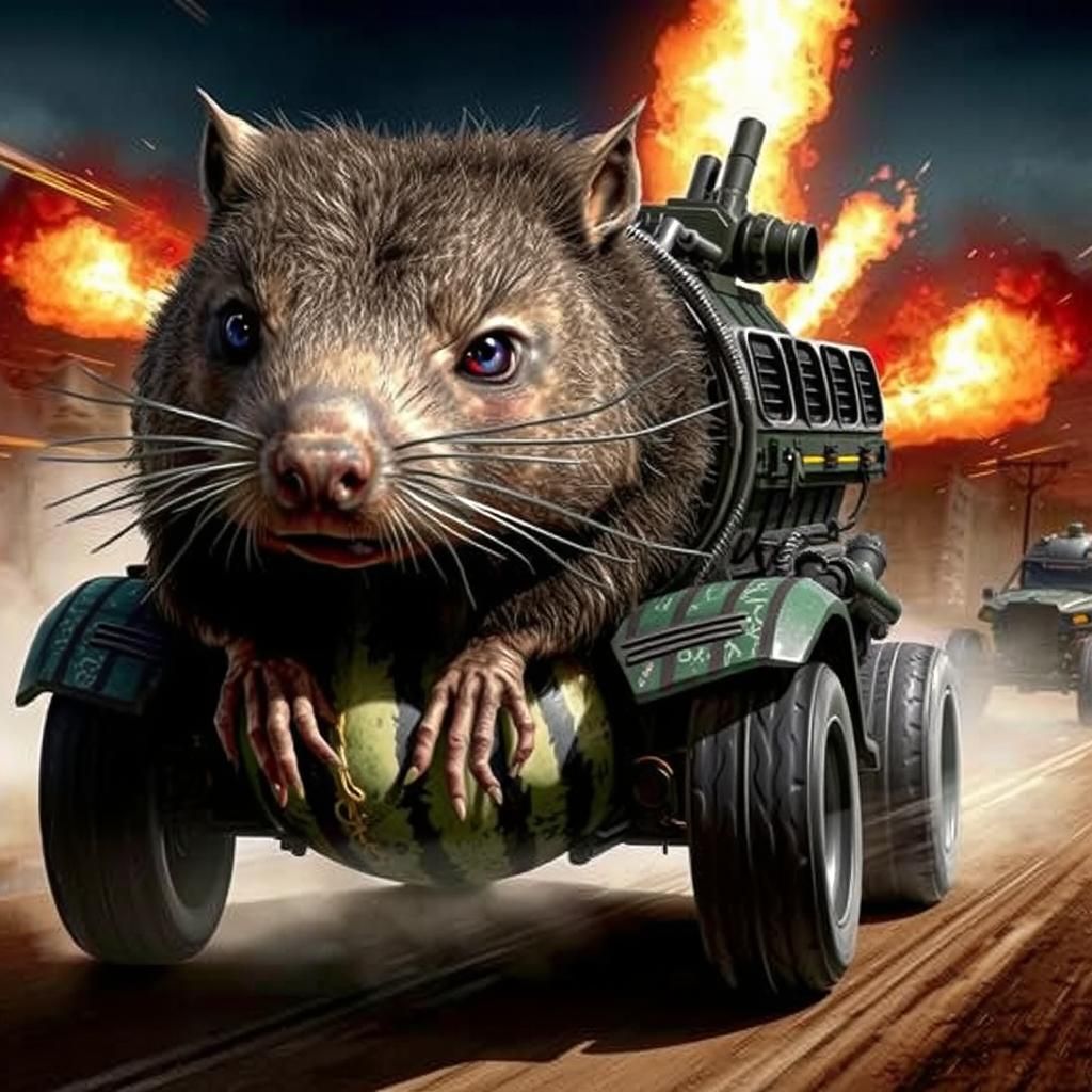 Alien Wombat Races Watermelon Tank in Mad Max Style