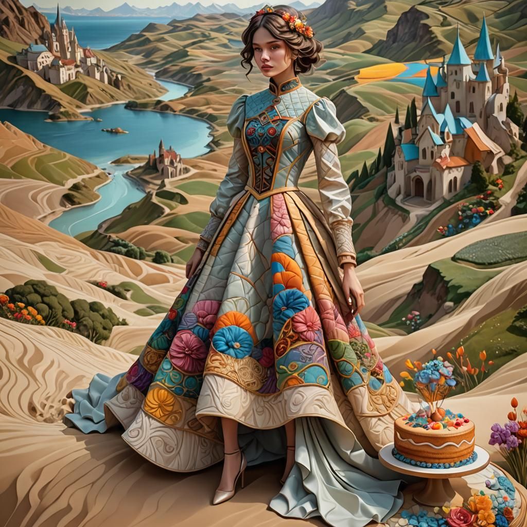 Quilted Cake Landscape with Woman, 3D Art
