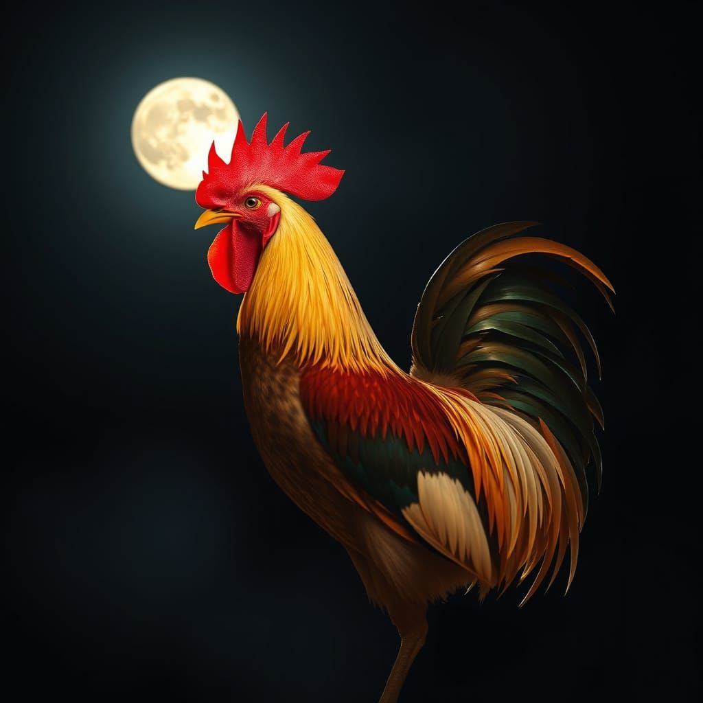 Moonlit Rooster Shines with Radiant Golden Feathers