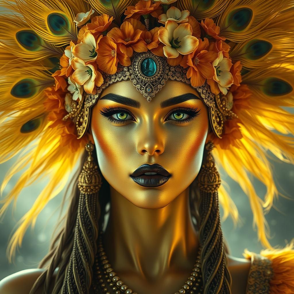 Woman with Gold Skin and Peacock Feather Hair