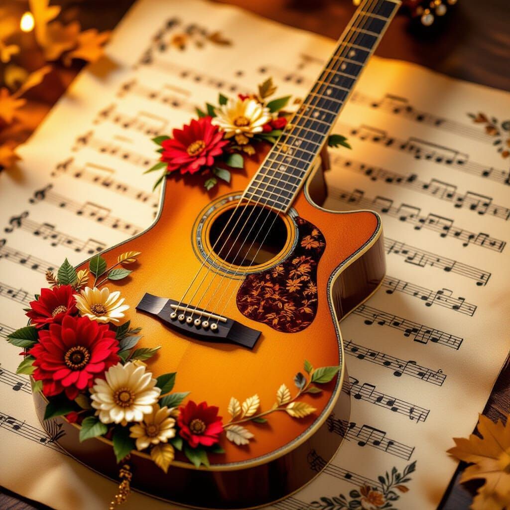 Vintage Guitar with Autumn Flowers in Warm Golden Light