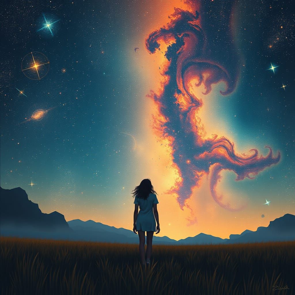 Celestial Woman in Starry Field: Digital Art