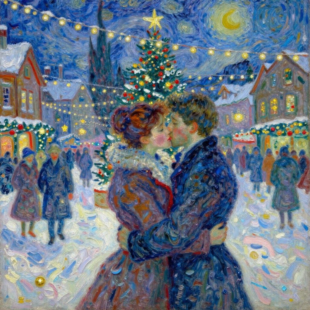 Passionate Christmas Kiss in Impressionist Style