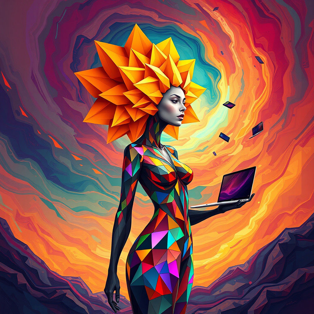 Geometric Floral Woman in Psychedelic Digital Dreamscape