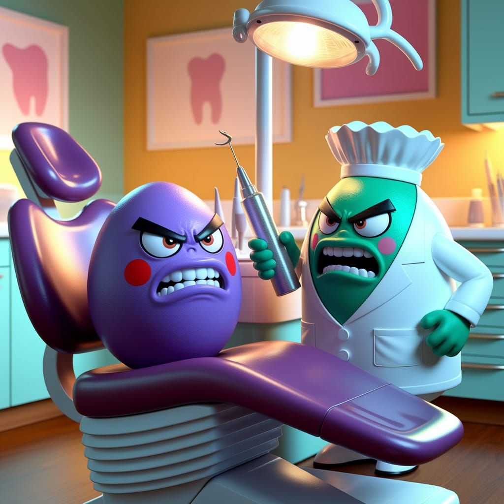 Fierce Egg Dentist Exam in a Whimsical Dental Office