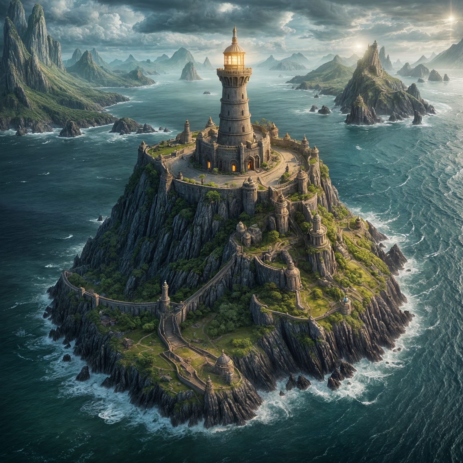 Elven Lighthouse on Peninsula in Dark Fantasy Style