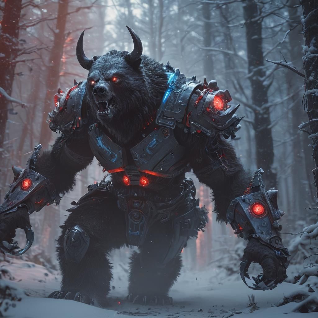 Cybernetic Viking Berserker Bear in Snowy Forest