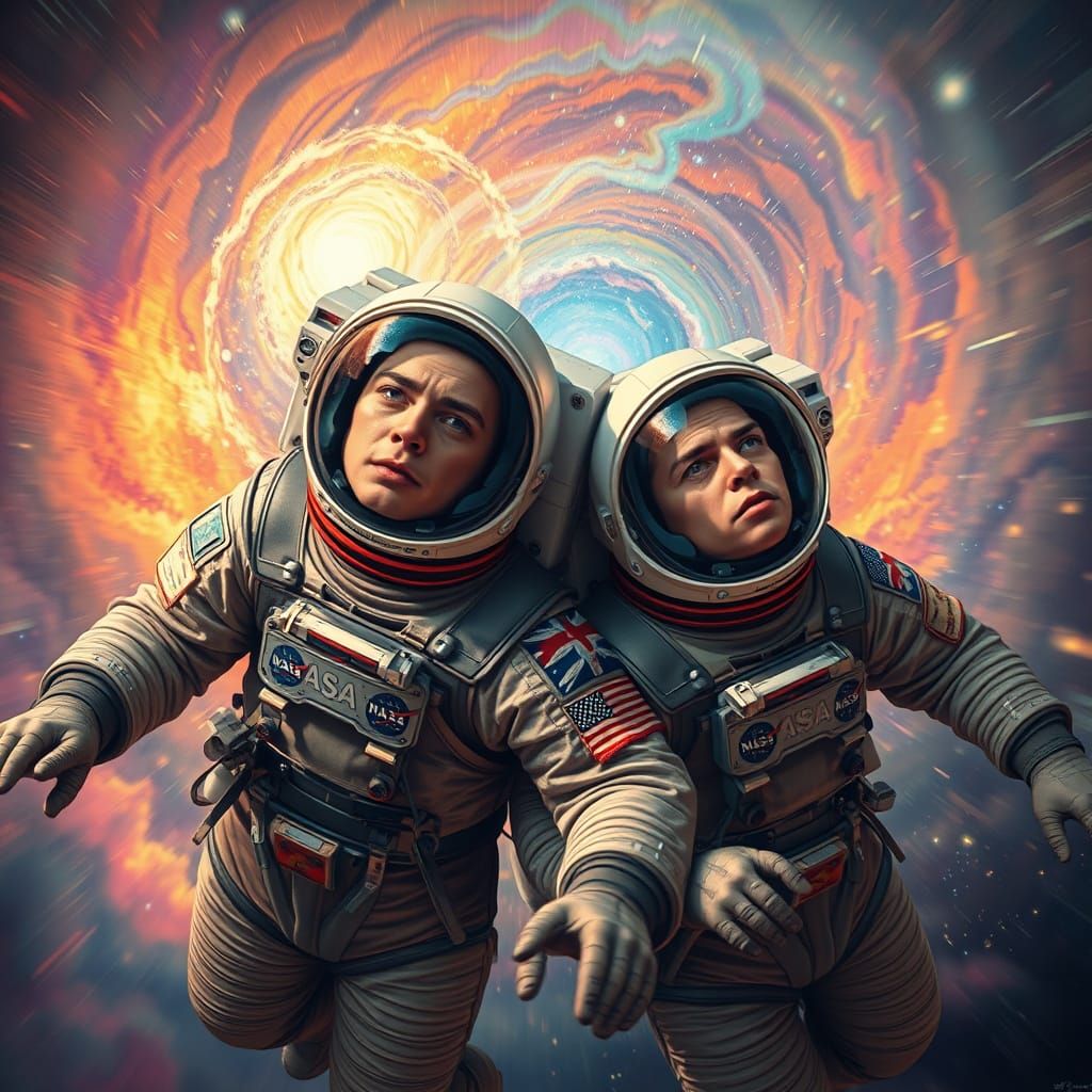 Cosmic Astronauts Adrift in a Swirling Vortex of Colors