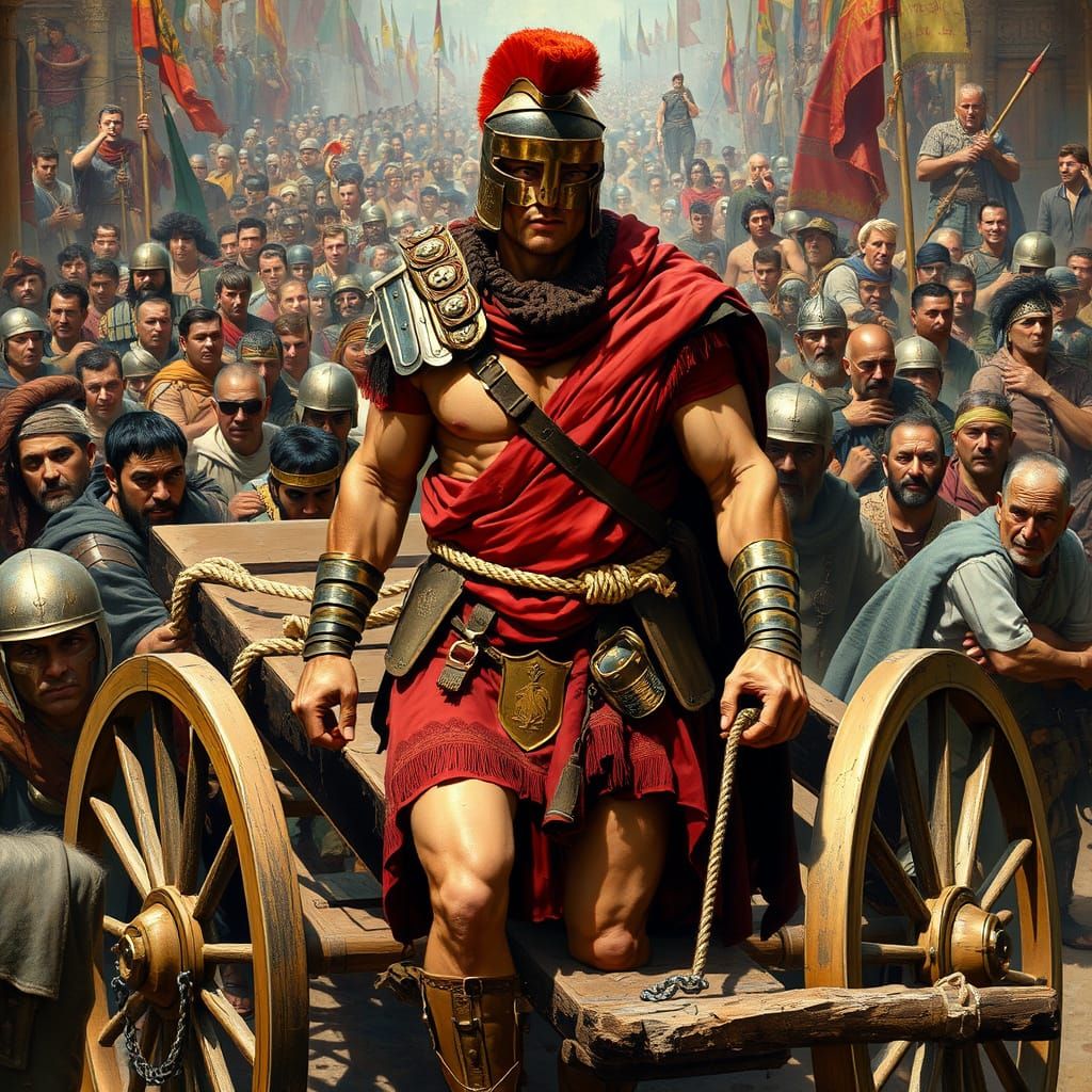 Muscular Roman Soldier on Stretcher in Crowd