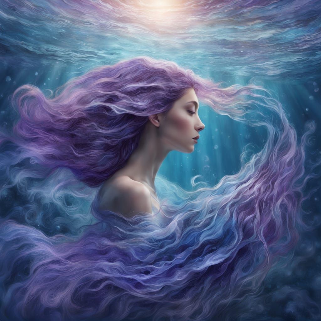 Dreamy Watercolor Scene: Celestial Lady and Fish in Shimmeri...