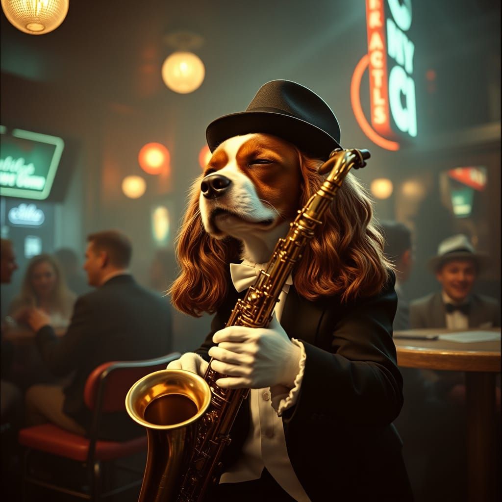 Cavalier King Charles Spaniel Jazz Saxophonist in Smoky Nigh...