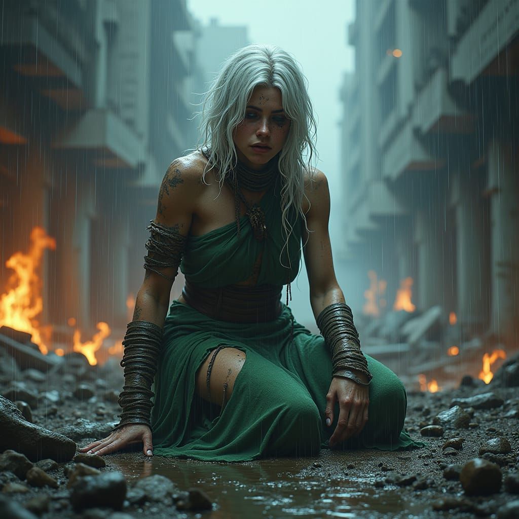 Sorrowful Half-Giant Barbarian in War-Torn City