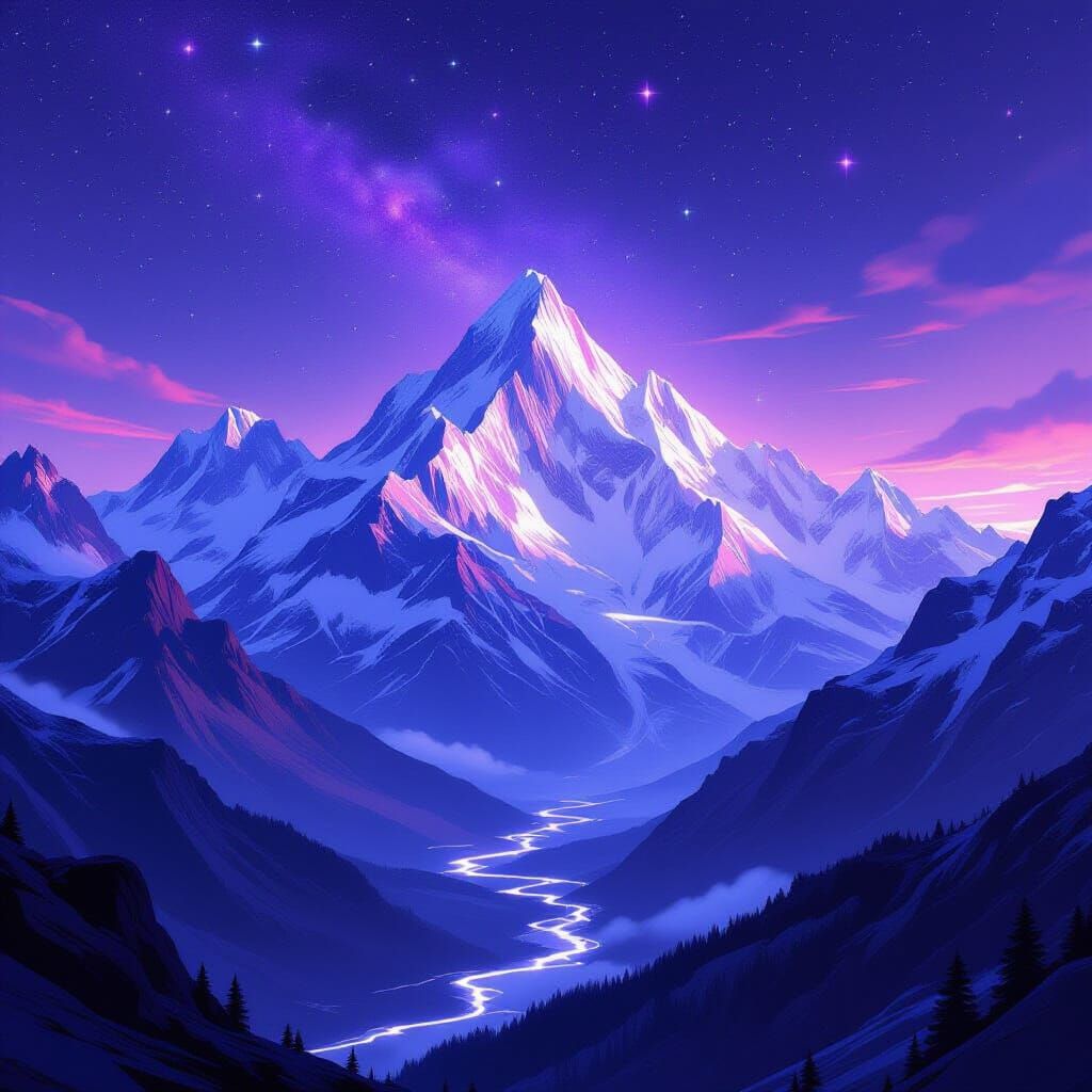 Ethereal Crystal Mountains Under Starry Purple Sky
