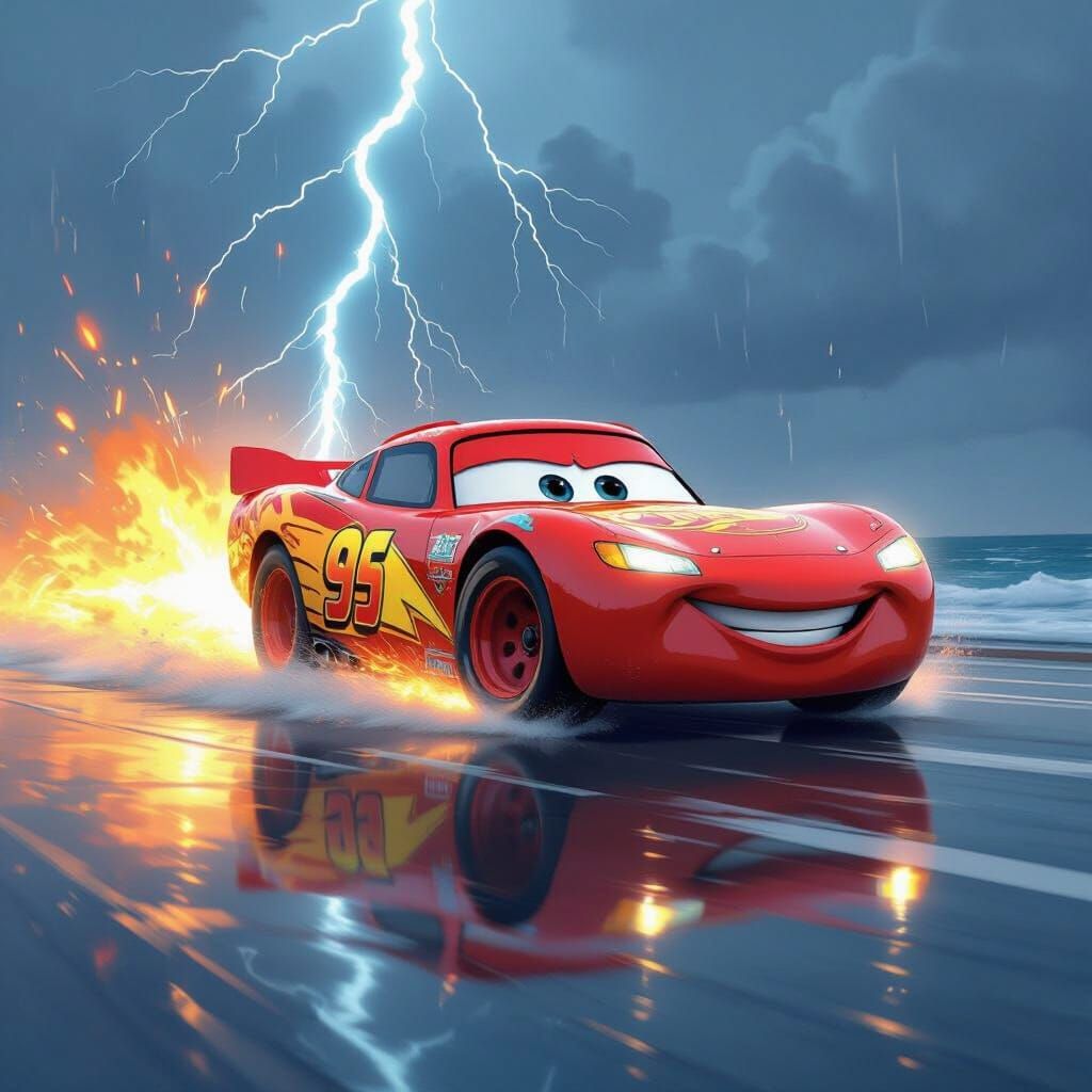 Lightning McQueen Speeds Through a Blazing Sea with Lightnin...