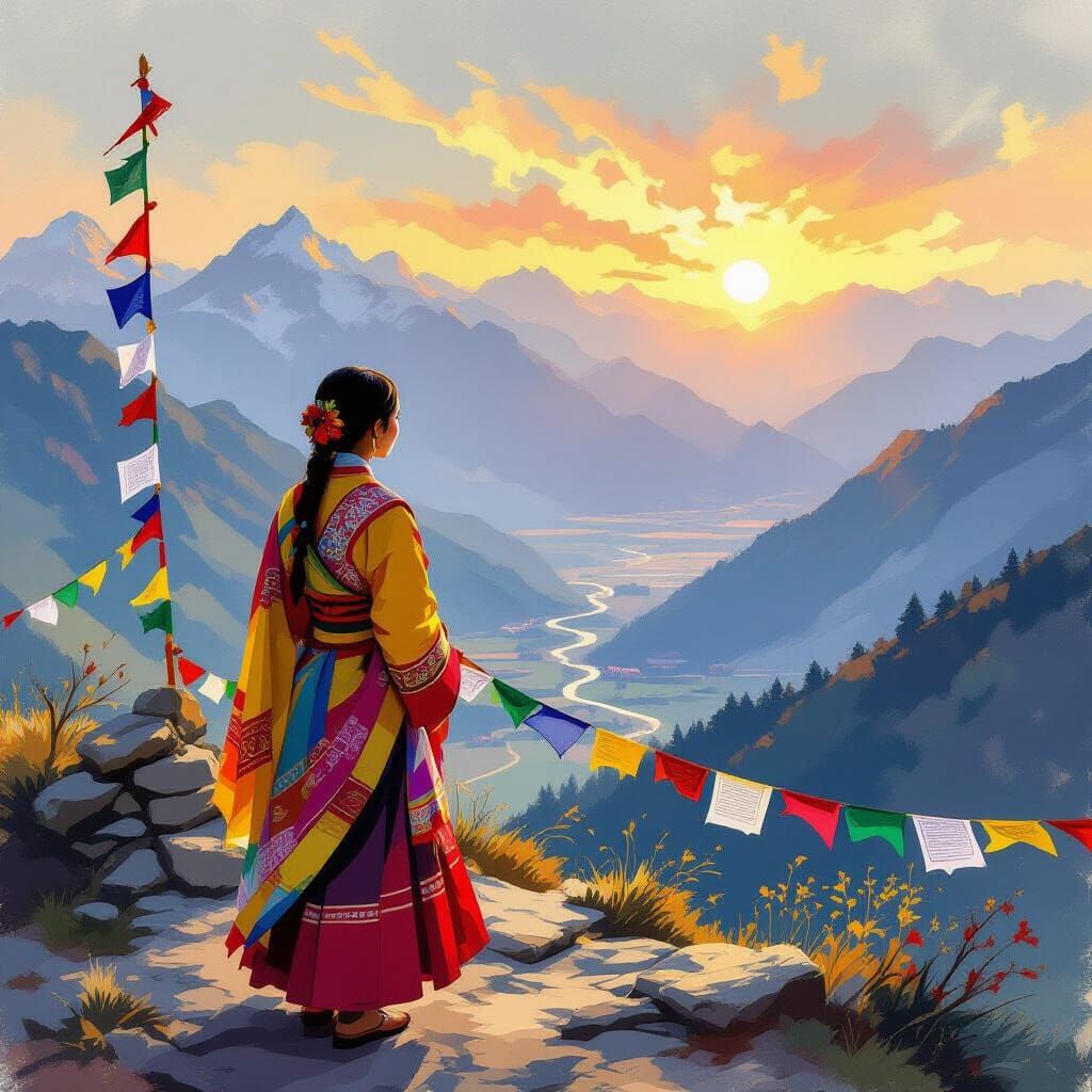Bhutanese Woman at Sunset Over Mountain Valley