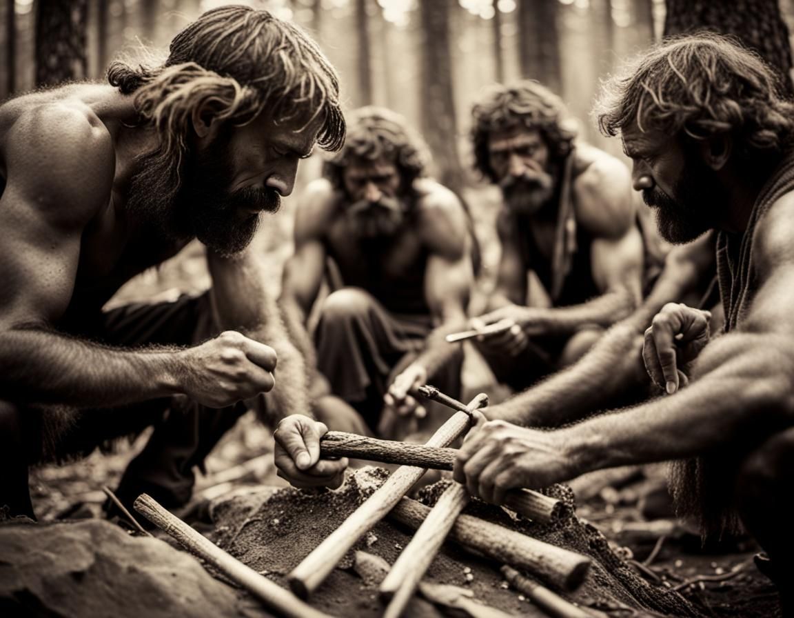 Cavemen Discover Fire: Lith Print Illustration