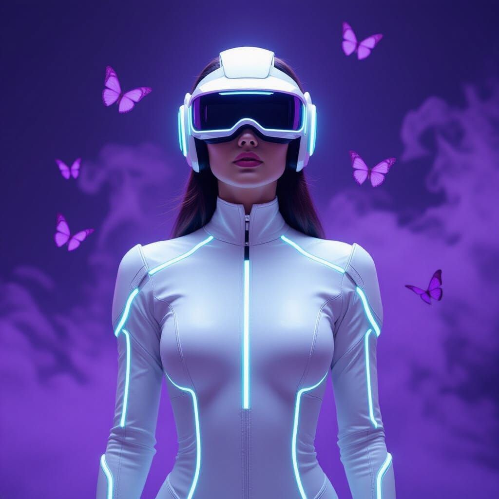Woman in Futuristic Suit with Butterflies, Teal Glow