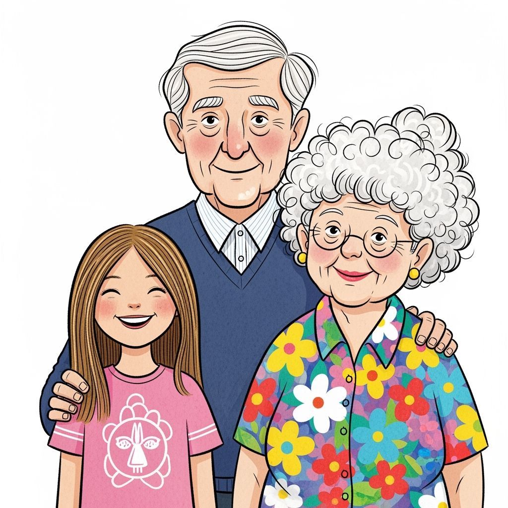 Whimsical Illustration of Girl with Cheerful Grandparents