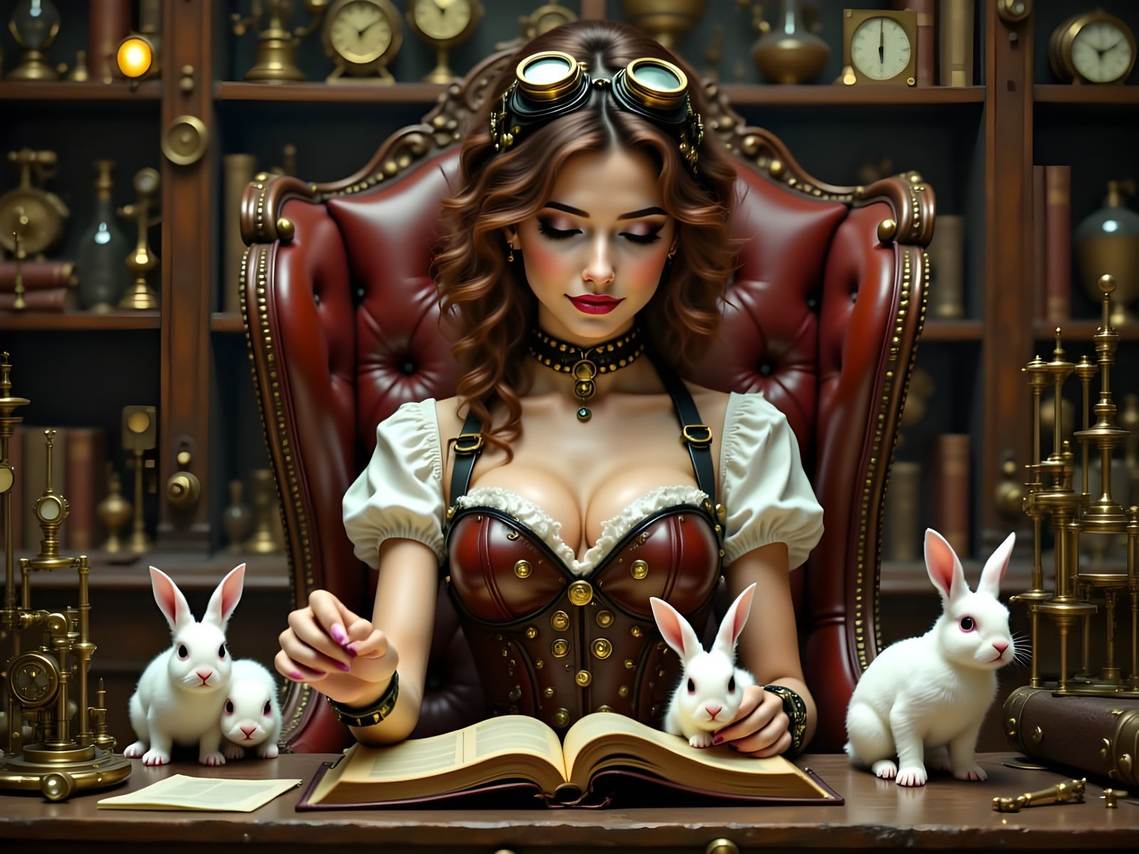 Steampunk Lady Surrounded by Curious Bunnies in a Cozy Works...