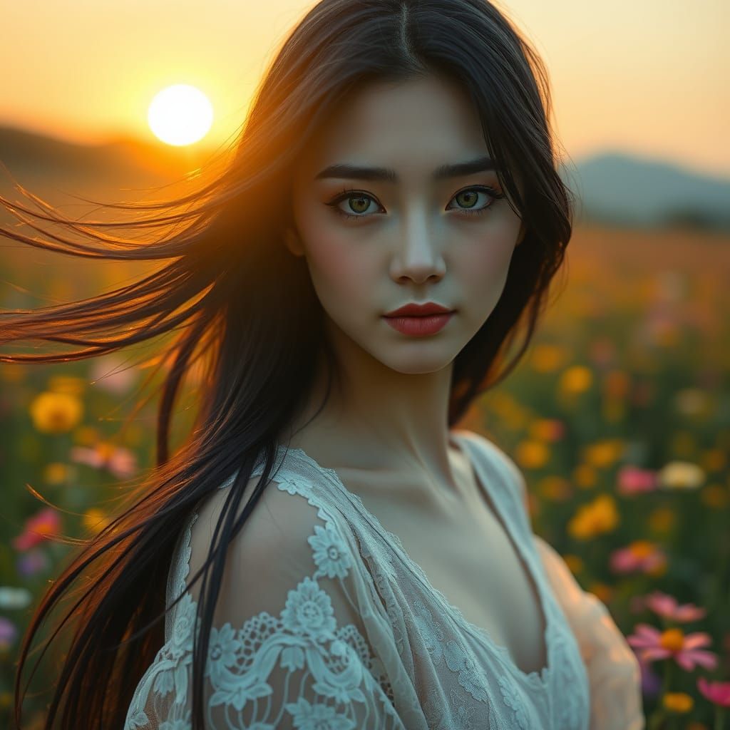 Japanese Woman in Wildflower Field at Dawn