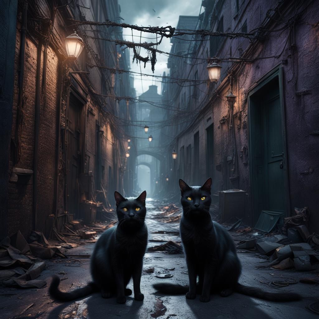 An abandoned alleyway filled with spectral black cats, each with a different creepy expression.