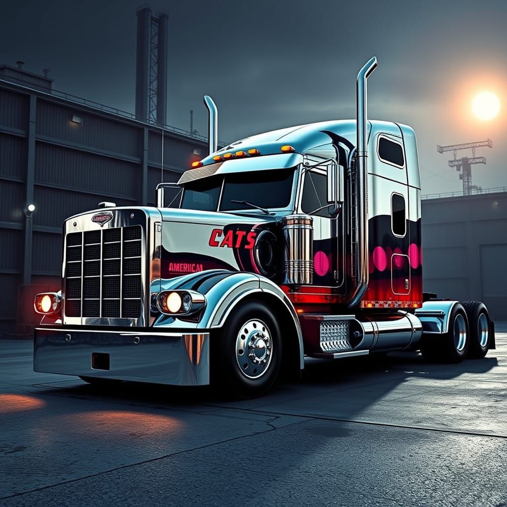 Retro-Futuristic Semi-Truck Amidst Industrial Twilight