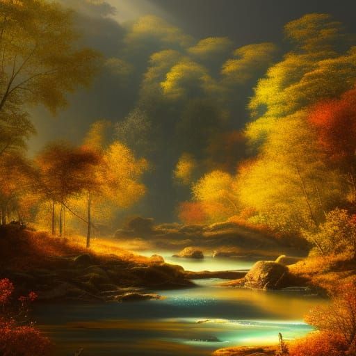 Victorian Village in Autumnal Forest, Fantasy Art