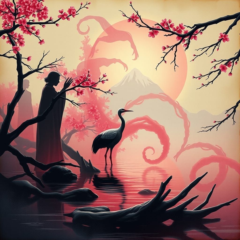 Ukiyo-e Crane in Lake with Double Exposure Effect