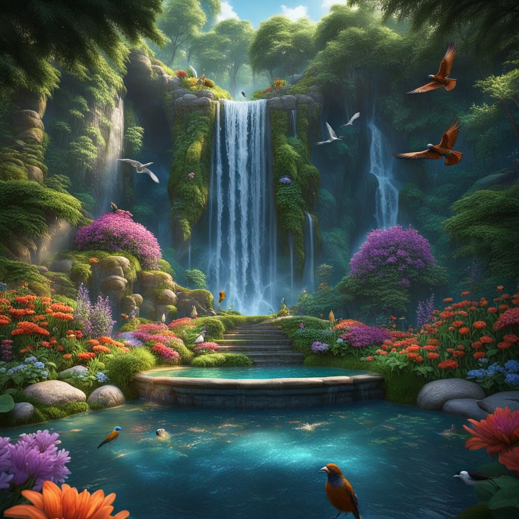 Lush Waterfall Scene in Detailed Matte Painting Style