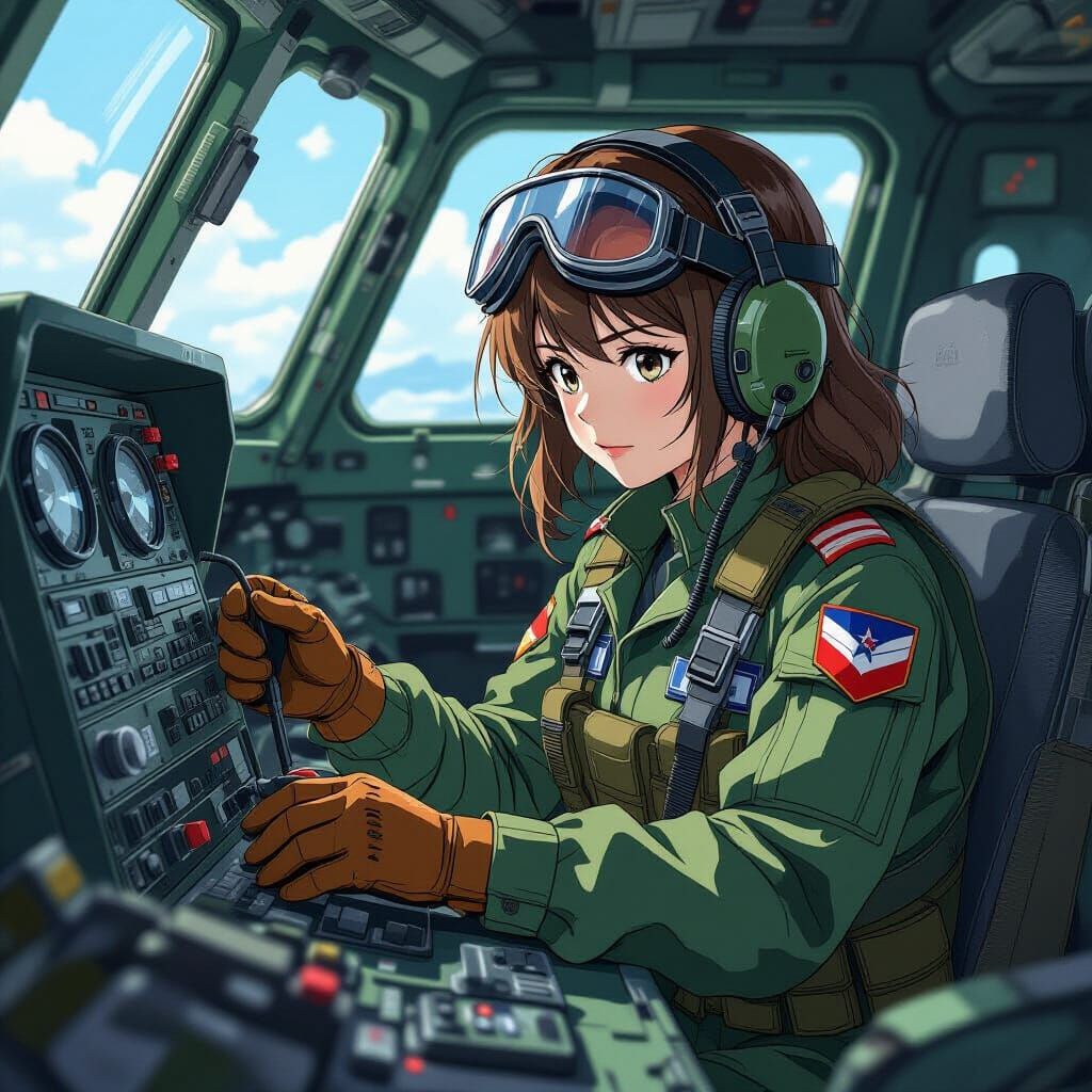 Anime Woman Tunes Radio in Cockpit, Digital Art