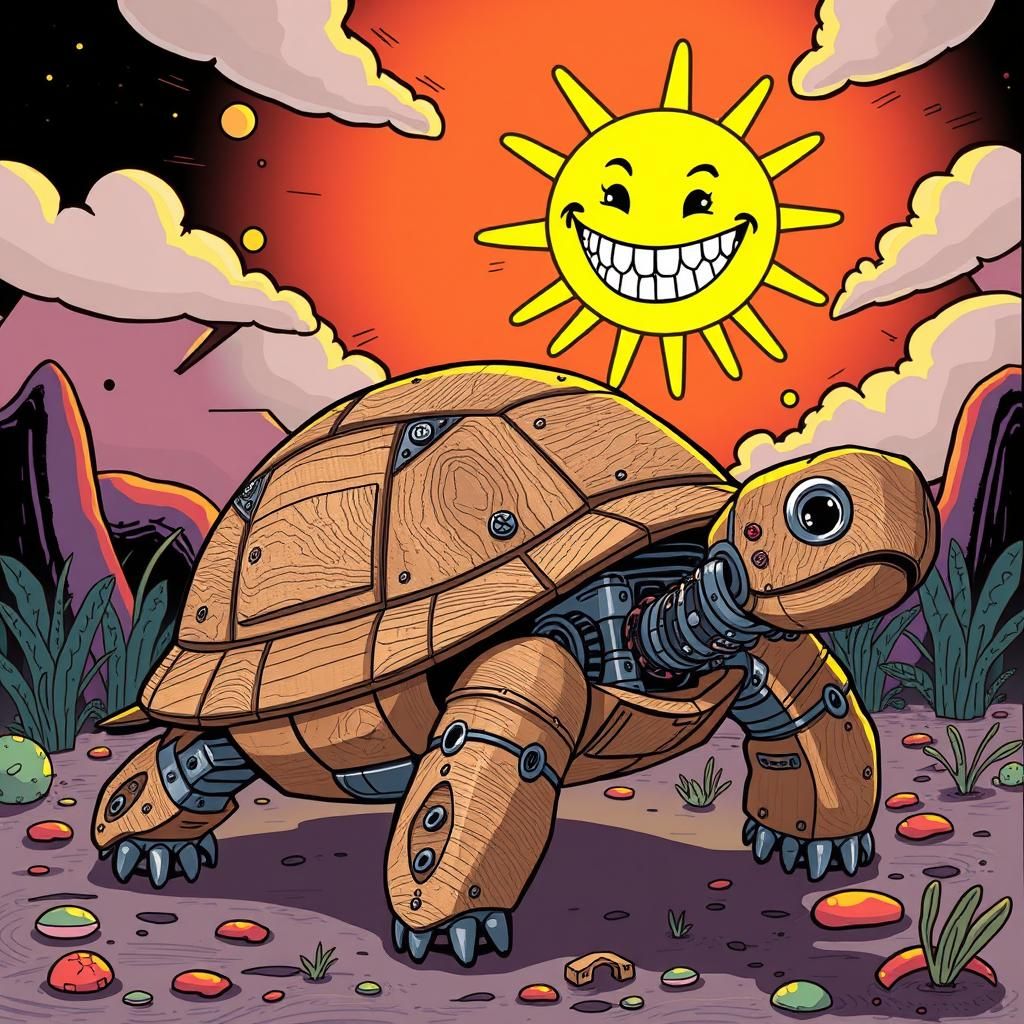 Robotic Turtle with Wooden Shell and Glowing Sun