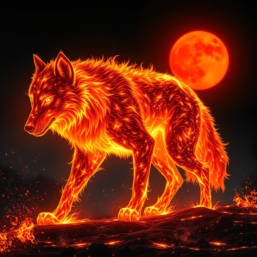 Lava Wolf Walking Under Red Moon in Fire