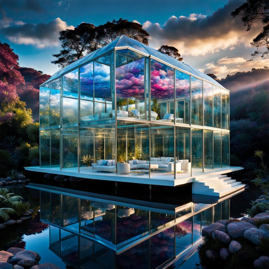 Dreamy Transparent Glass House with Aquatic Internals